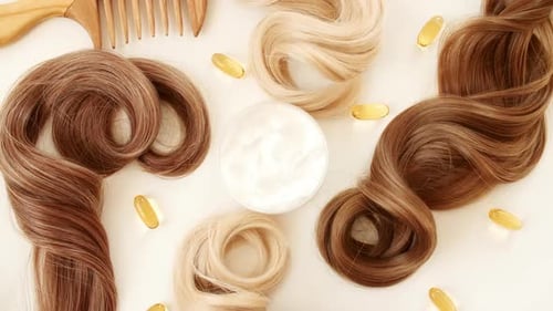 Blond Brown Shiny Wavy Hair on White Background Shiny Woman Hair Strand Curl Hair Care and Beauty