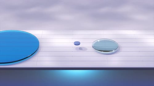 Transparent Glass Circular Element Dynamically Bouncing Between Minimalist Geometric Platforms