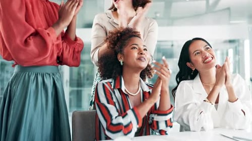 Success, women or business people clapping in presentation for winning, team support or motivation