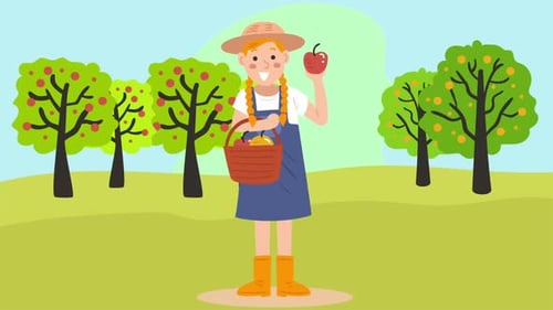 Flat Design Animation of a Farmer Picking Apples in an Orchard