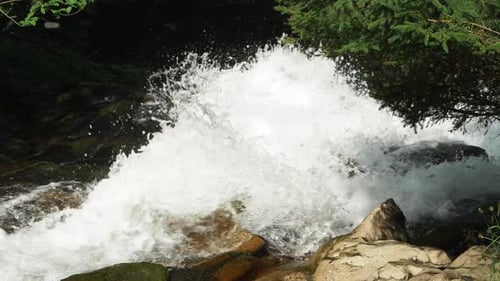 Rápida corriente fluvial que corre sobre las rocas del bosque durante un día soleado de verano. Aguas bravas. Mirando hacia abajo