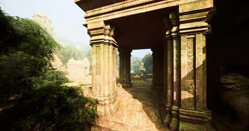 Timeworn Stone Gateway Glowing with Golden Hue Through Surrounding Ruins