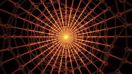 Ich fliege durch einen heißen Tunnel aus hellen Kugeln und einem Plexus aus leuchtenden Linien auf dunklem Hintergrund