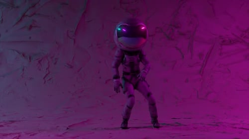 Cyberpunk Astronaut in a Large Round Helmet Dances Against the Backdrop of a Disco