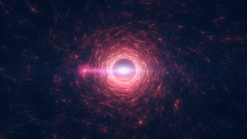 Bright red and pink digital vortex with wireframe and energy lines converging at a glowing center wi