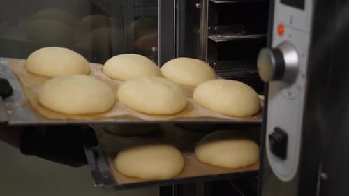 The Chef Puts the Burger Buns in the Oven in the Restaurant Kitchen