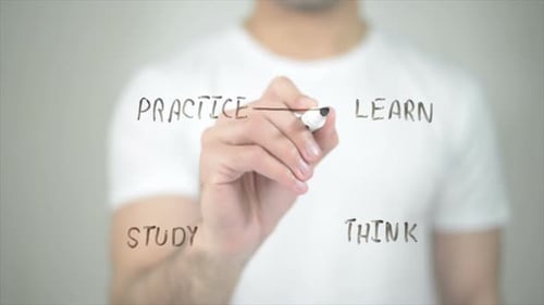 Learning Cycle, Man Writing on Transparent Screen