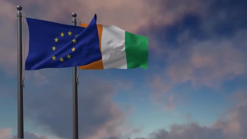 European Union and Ireland Flags Waving Seamlessly Against a Cloudy Sky
