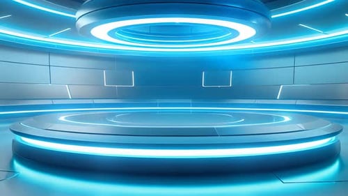 Futuristic Glowing Stage with Blue Neon Lights and Light Beam Reveal