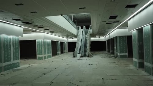 Abandoned Shopping Mall Escalator is Covered in White Tarpaulin During Renovation, Drone View.