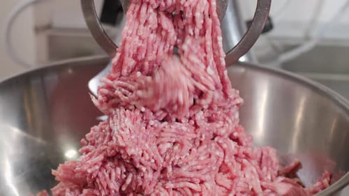 Minced Pieces of Meat Slowly Comes Out of Girnder and Falls Into Large Plate