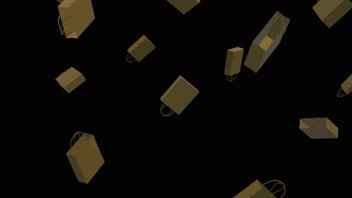 Falling paper shopping bags over alpha channel. Rain of shopping bags across the screen.