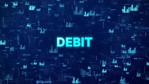 DEBIT Concept over animated stock market background with chart, numbers and matrix codes