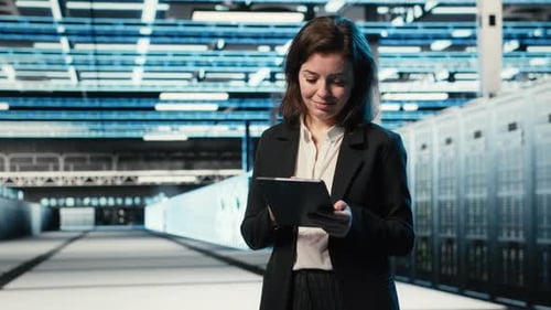 Data Center Technician Using AR Holographic Overlay to Monitor Systems