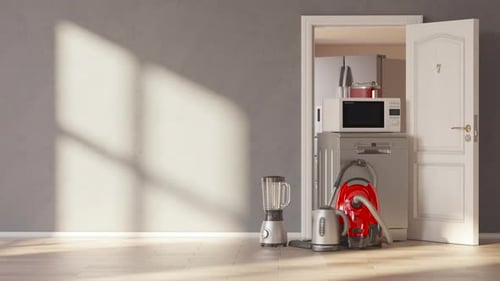 Modern 3D Animation of Household Appliances Revealed from a Door