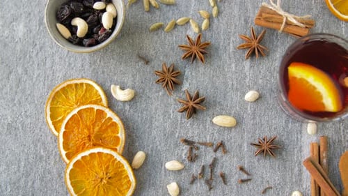 Overhead of Festive Mulled Wine Ingredients and Cookies