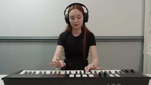 Young Woman Plays Electronic Keyboard With Headphones