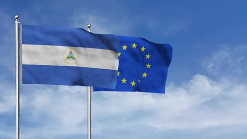 Nicaragua and European Union Flags Waving Loop in Blue Sky