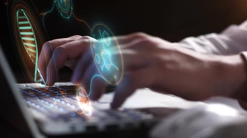 Futuristic DNA Helix and Digital Data Interface Animation