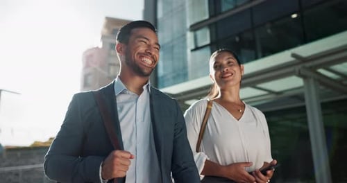 Business people, walking and travel in city with discussion on morning commute
