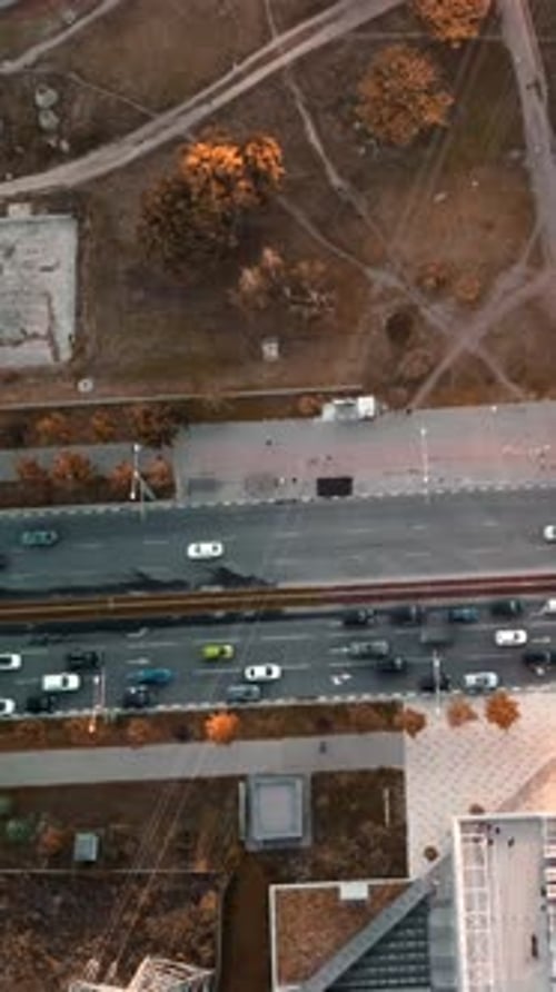 Aerial Look Down View on City Crossroad Traffic