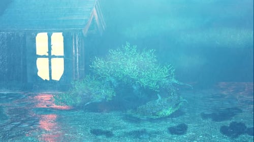 Heavy Rain Pours Down On The Cottage In The Garden At Night