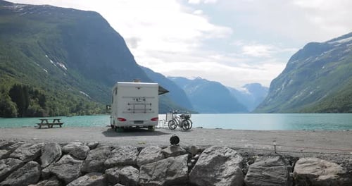 Family vacation travel RV, holiday trip in motorhome. Beautiful Nature Norway natural landscape.