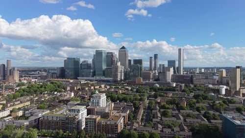 Aerial view of Canary Wharf skyline and skyscrapers, United Kingdom.