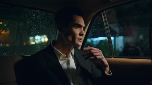 Thoughtful Passenger Looking Rainy Window Riding Car Closeup Business Man Auto