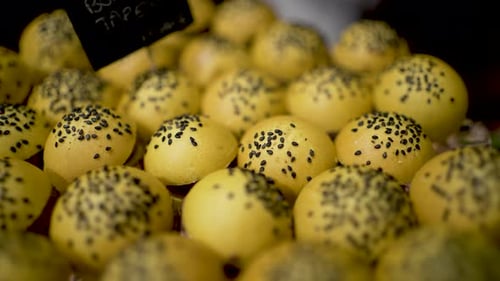 Vegetarian tapas tapenade bites with seeds in mound, Close up shot