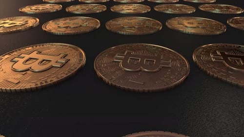 Animated 3D Gold Bitcoin Cryptocurrency Coins on Dark Surface
