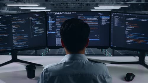 Un desarrollador asiático usa una computadora para escribir código con múltiples pantallas en el centro de datos