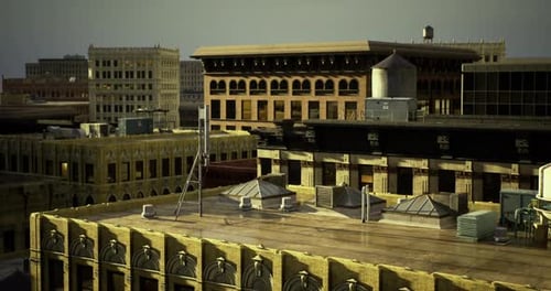 Rooftop View of Urban Architecture at Sunset Revealing City Skyline Details