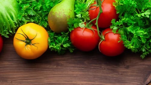 Fresh Fruits and Vegetables on Wooden Table