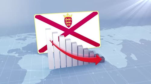 Bandera de Jersey y gráfico de barras con valores decrecientes, concepto de crisis económica