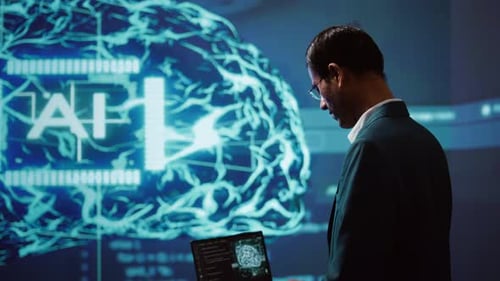 AI System Administrator Using Laptop Device in High Tech Futuristic Workspace