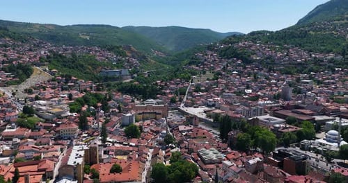 Panoramic View Over Sarajevo Old Town In Bosnia and Herzegovina - Drone Shot