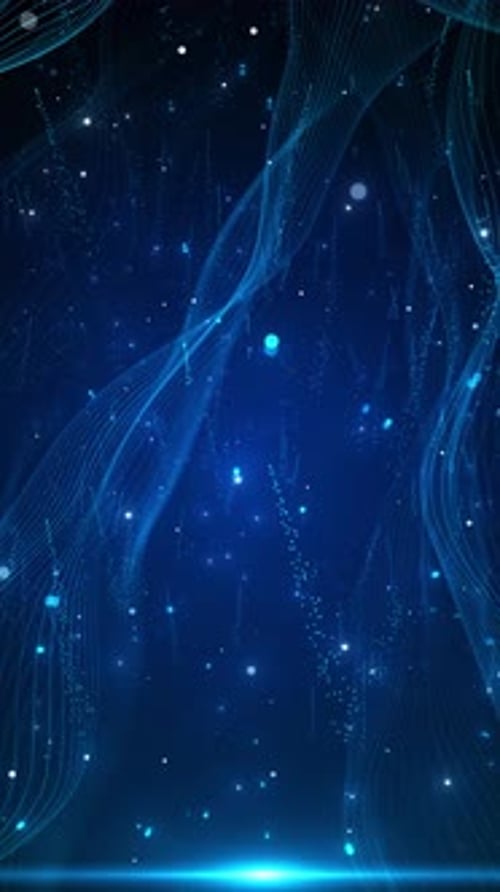 Abstract Blue Wavy Lines and Sparkling Particles Vertical Background