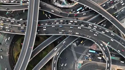 Aerial top down view spectacular elevated highway and complexity, convergence of roads, bridges in m