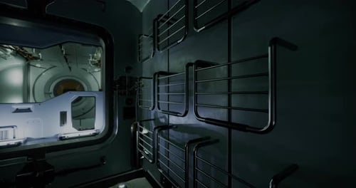 Vue intérieure des dortoirs d'un vaisseau spatial futuriste dans des conditions de faible luminosité