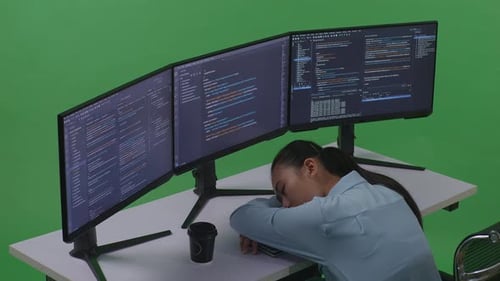 Tired Asian Woman Developer Sleeping While Write Code With Multiple Computer Screens In Green Screen
