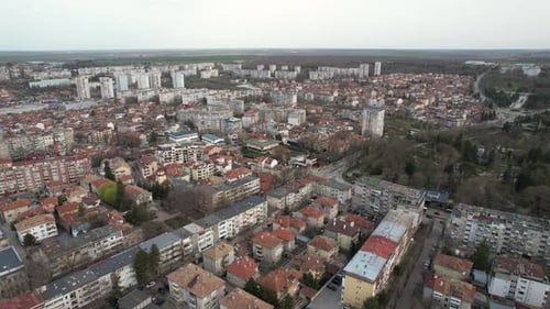 Aerial view of buildings and trees, Bulgaria.