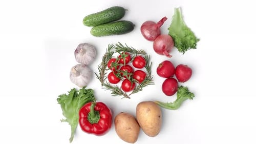 Vegetable Mix Whole Fresh Organic Edible Plant Rotation Isolated on White Background Top View
