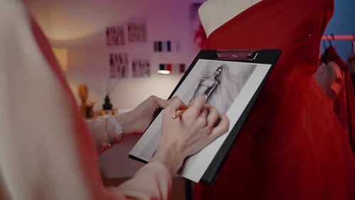 Closeup Fashion Designer Making Sketches with Pencil Drawing Mannequin and Creating Female Dress