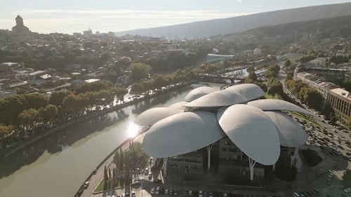 Tbilisi City Panorama In Sunny Morning, Georgia (Panning)