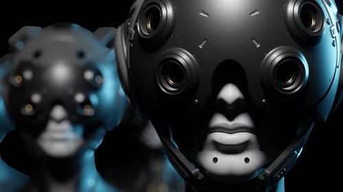 Eine Armee von Robotern mit Helmtransformationseffekt. Der Roboter beobachtet, was passiert