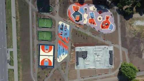 Aerial View on Different Modern Sport Grounds at Urban Park Youth Teenagers and Children Engaging in