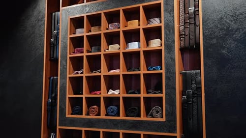 Multicolored Man's Ties and Belts on Showcase in Luxury Boutique
