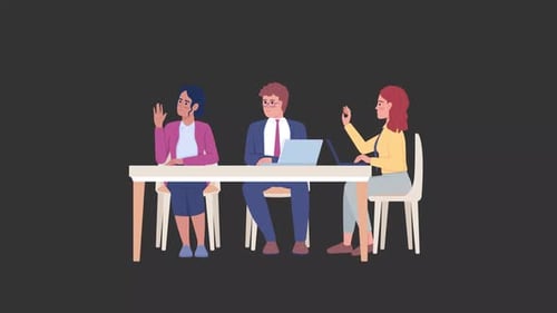 Animated Business Meeting with Speech Bubble and Waving Hand