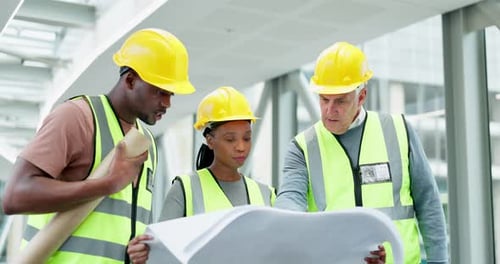 Architect manager, teamwork and people with blueprint for construction, design